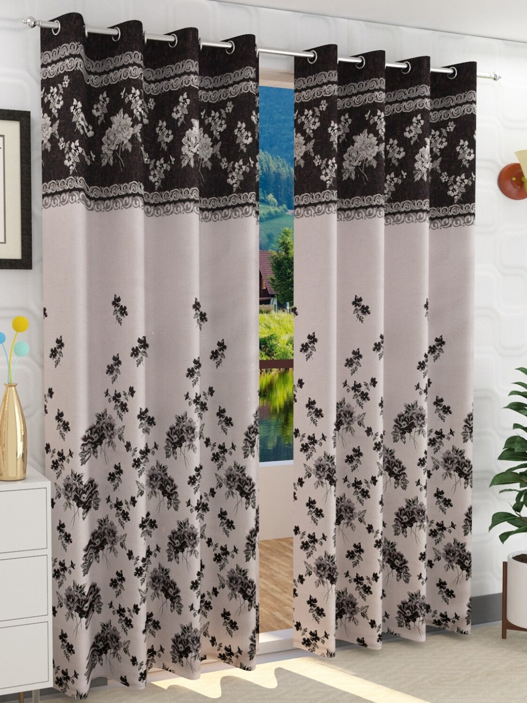 Fresh From Loom Coffee Brown & Grey Set of 2 Floral Room Darkening Window Curtain
