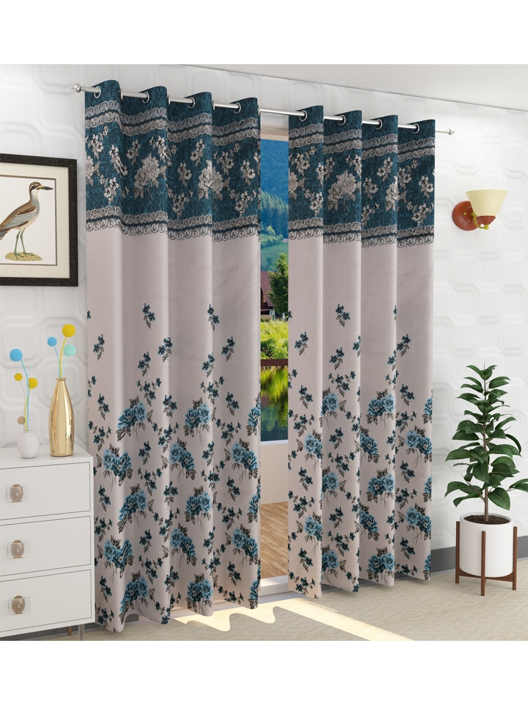 Fresh From Loom Pack Of 2 Turquoise Blue & Grey Printed Room Darkening Door Curtains