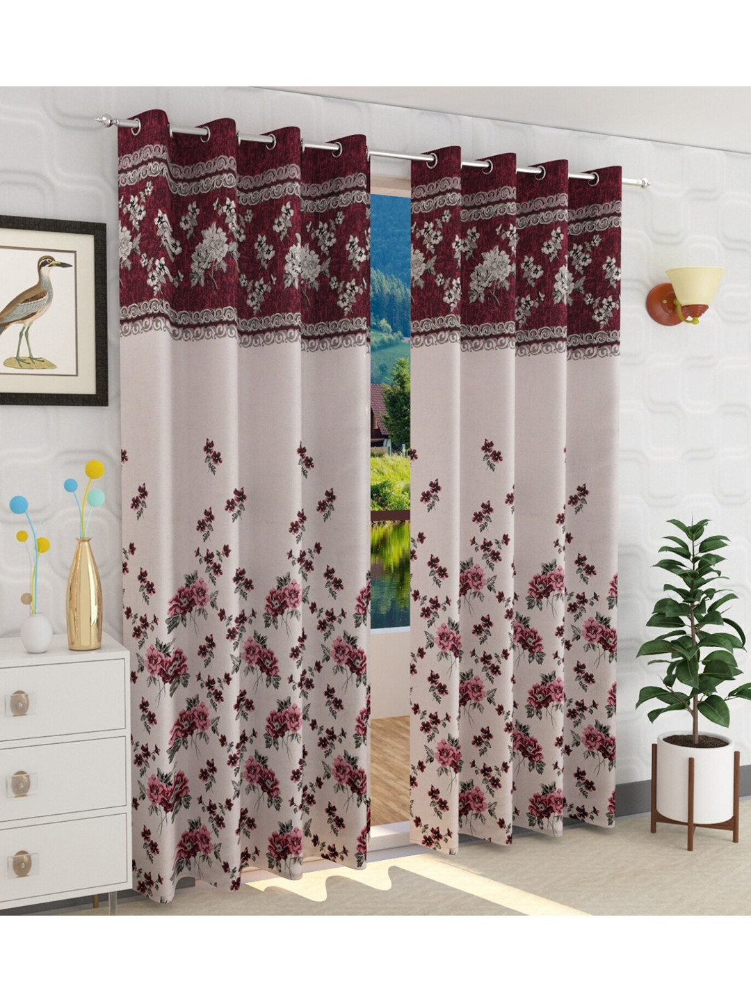 Fresh From Loom Pack Of 2 Maroon & White Printed Room Darkening Door Curtains