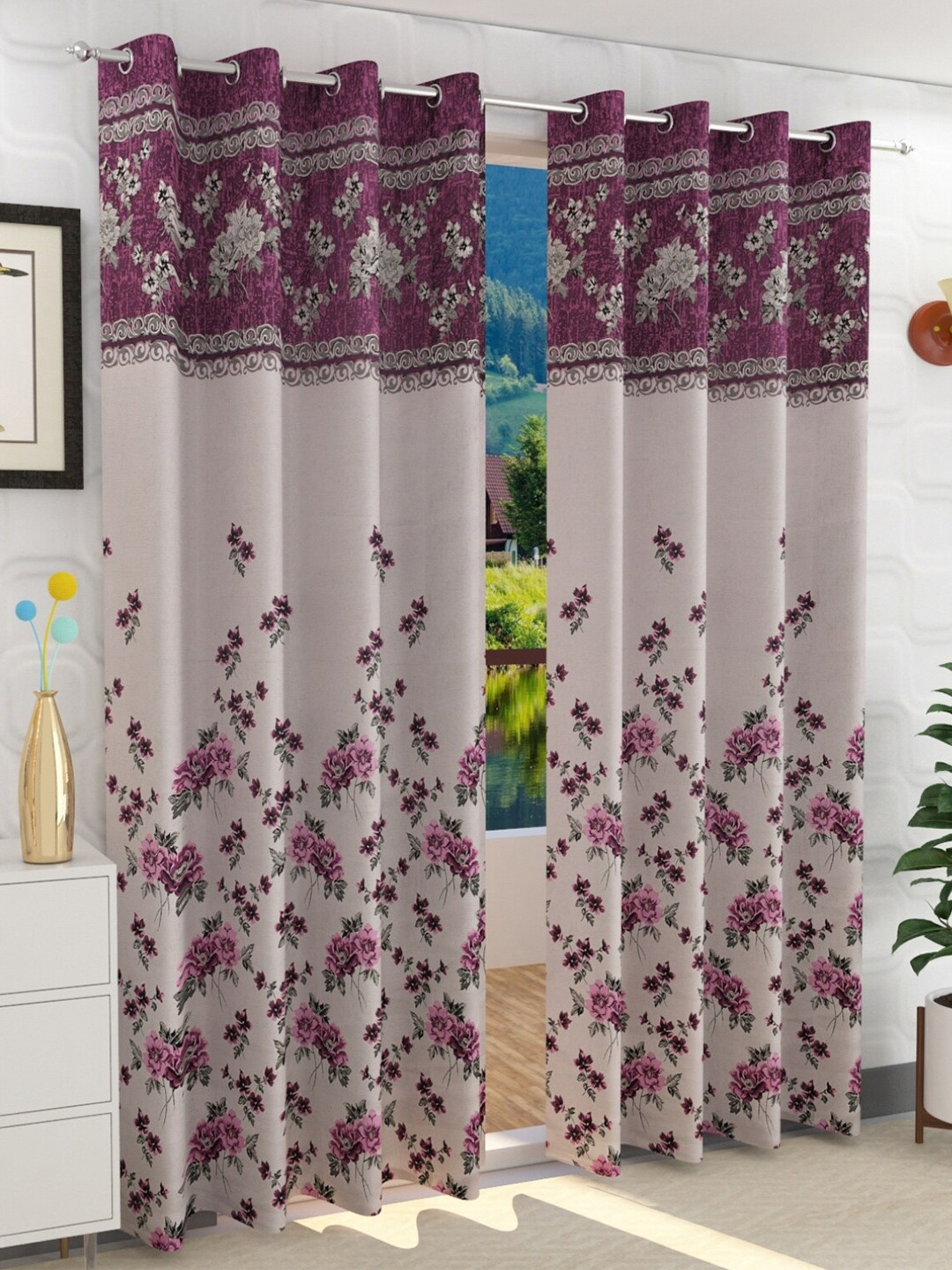 Fresh From Loom Pink & Grey Set of 2 Floral Room Darkening Long Door Curtain