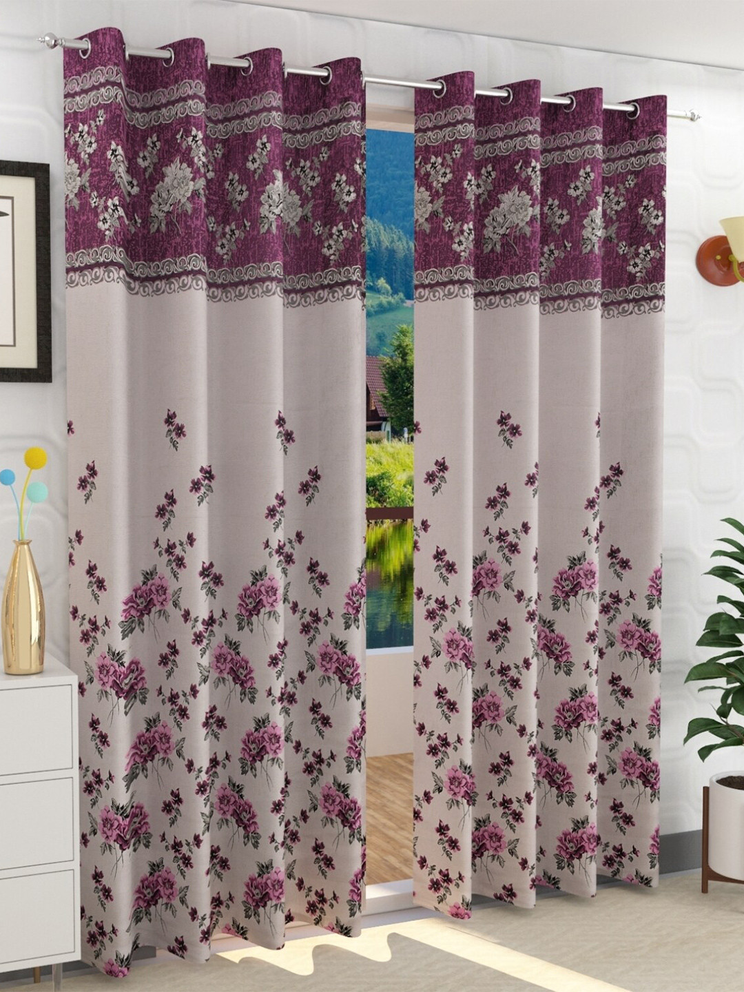 Fresh From Loom Set of 2 Pink & Grey Floral Room Darkening Door Curtain
