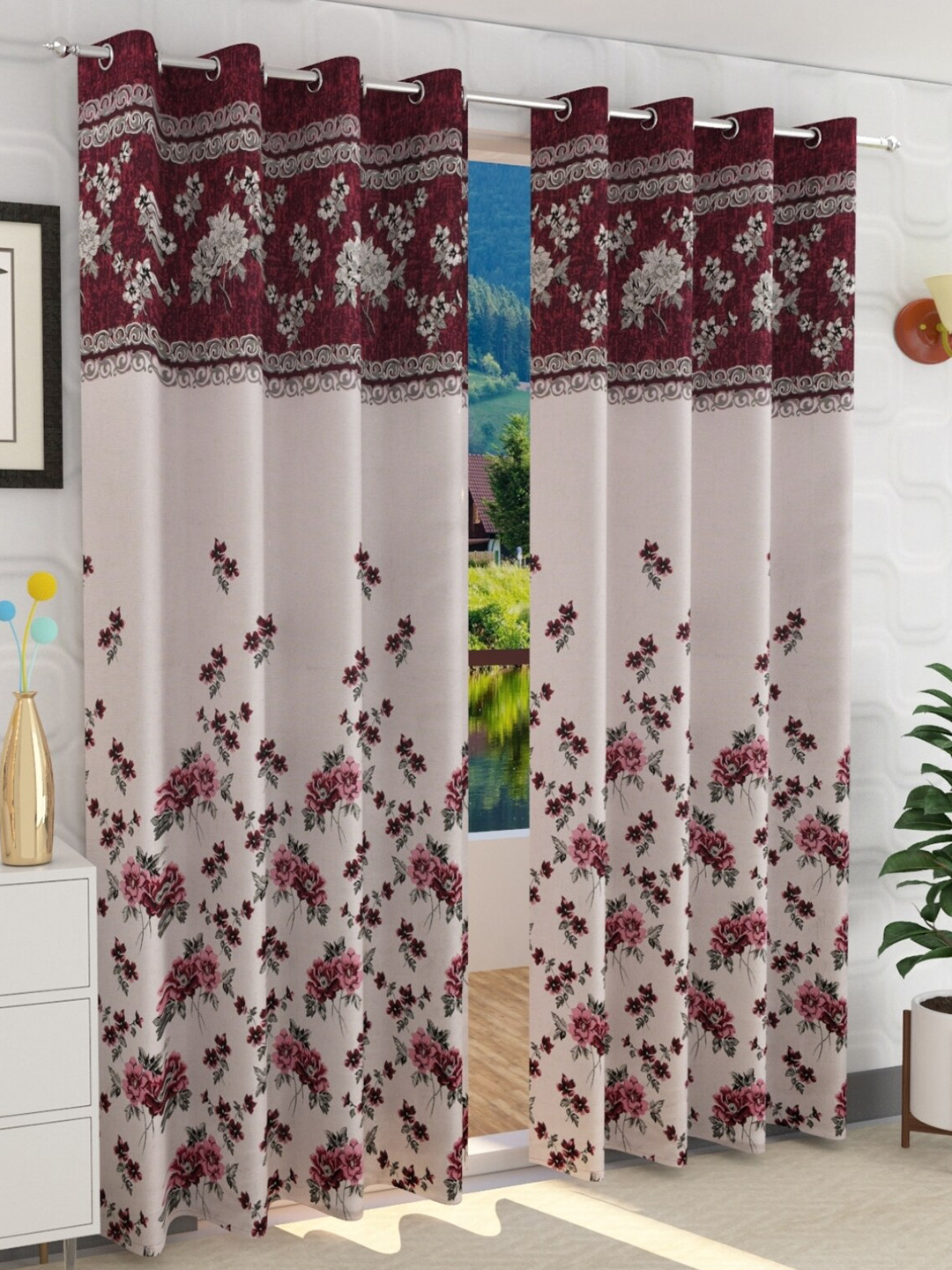 Fresh From Loom Maroon & Grey Set of 2 Floral Room Darkening Window Curtain