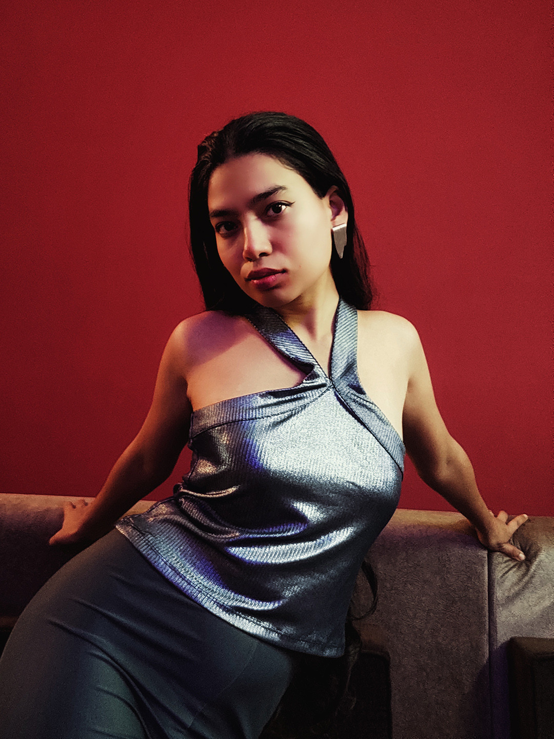 Tokyo Talkies Women Silver-Toned Halter Neck Crop Top