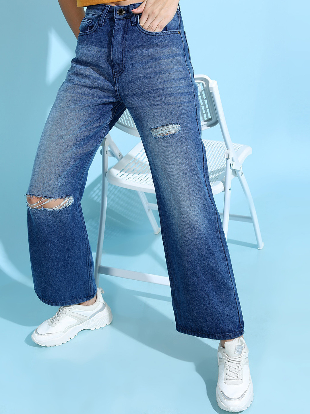 Tokyo Talkies Women Blue Slash Knee Light Fade Dad Fit Jeans