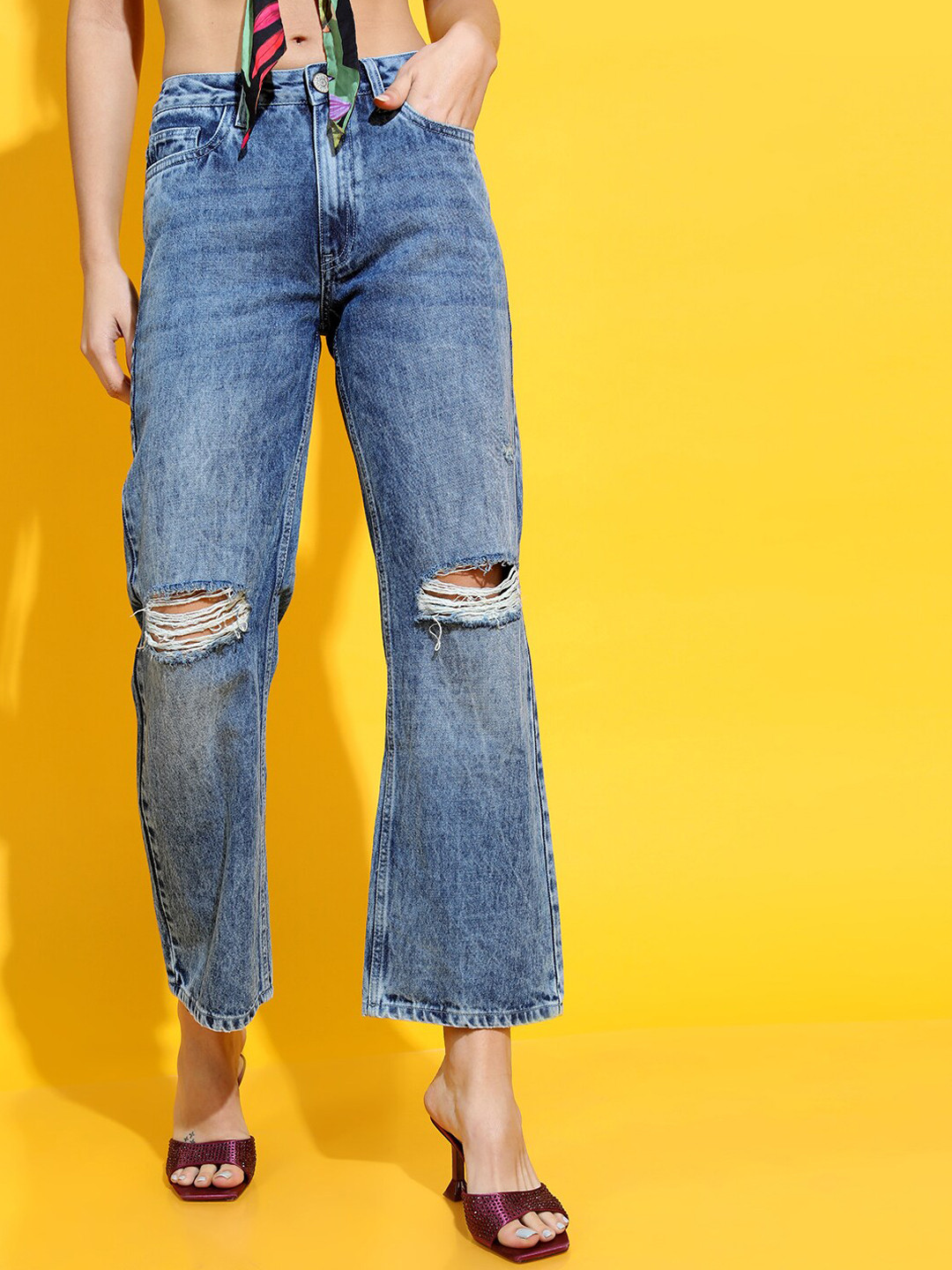 Tokyo Talkies Women Blue Flared Slash Knee Heavy Fade Cotton Cropped Jeans