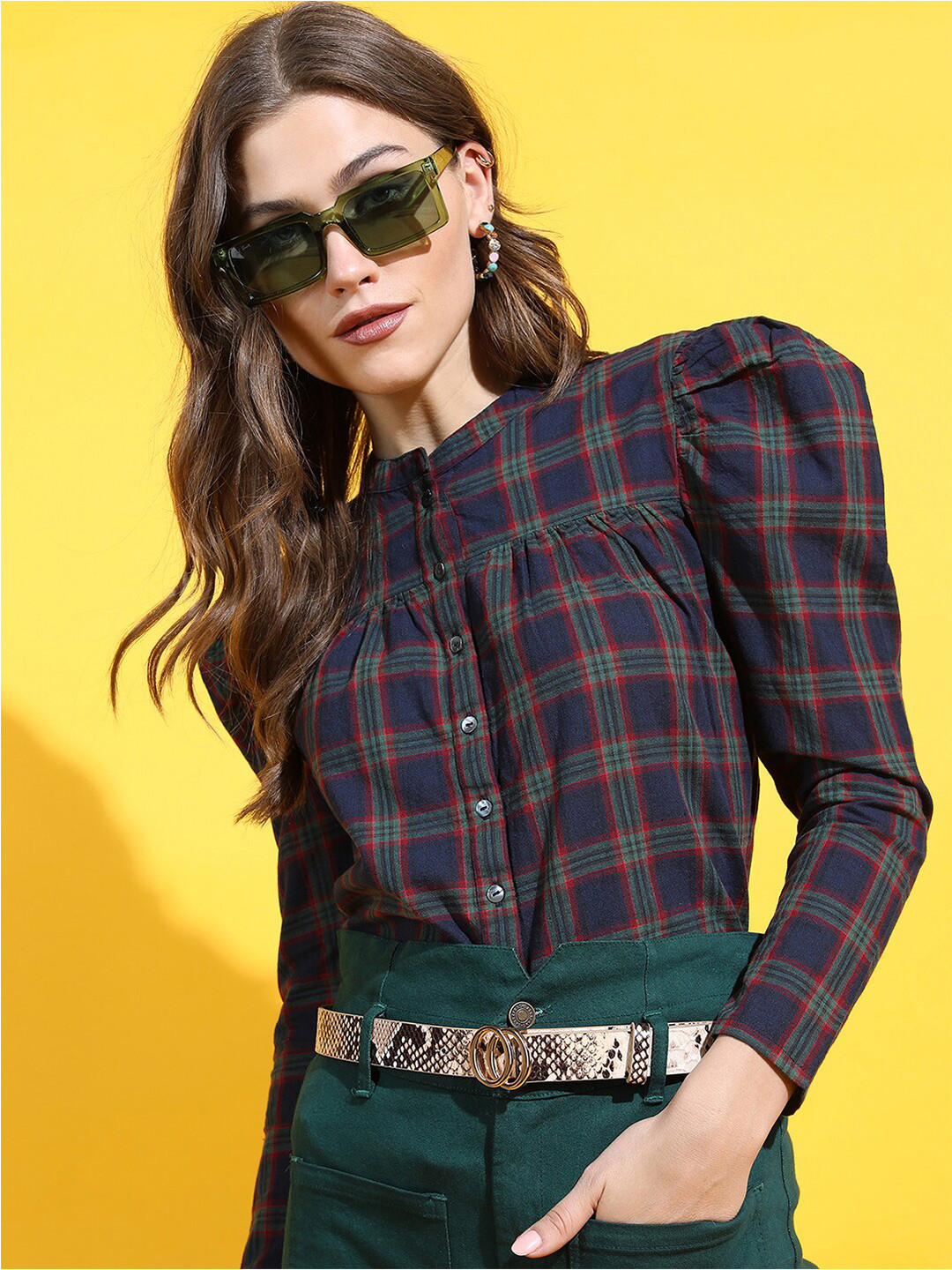 Tokyo Talkies Navy Blue Checked Mandarin Collar Pure Cotton Shirt Style Top