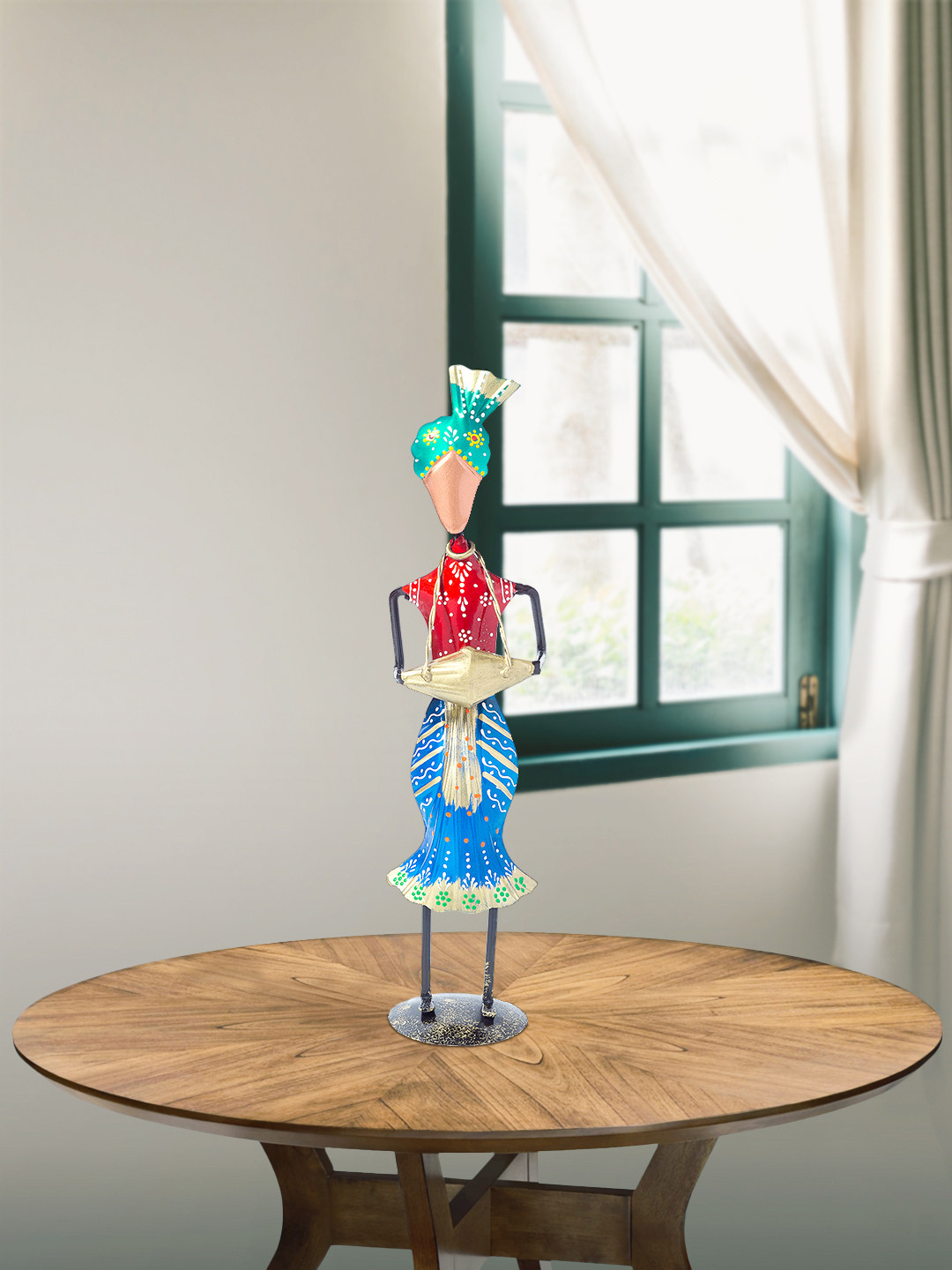 Golden Peacock Musician Red Metal Metallic Living Room Music Medium Showpiece - 13.4 Inches