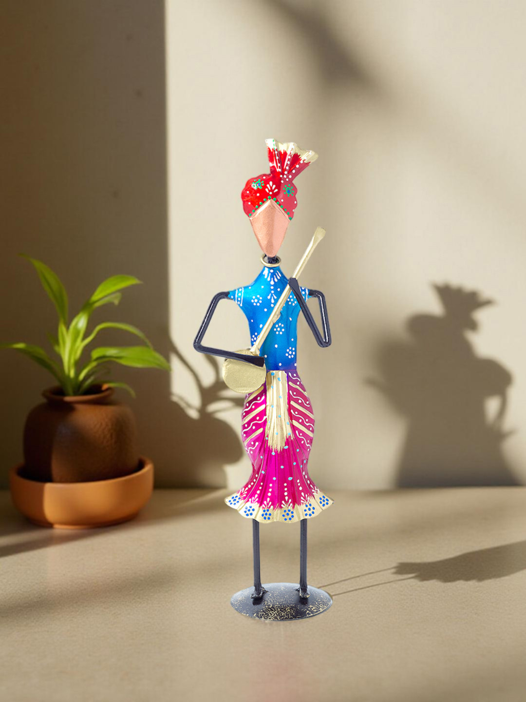 Golden Peacock Musician Blue Metal Metallic Living Room Hand-Crafted Medium Showpiece - 13.4 Inches