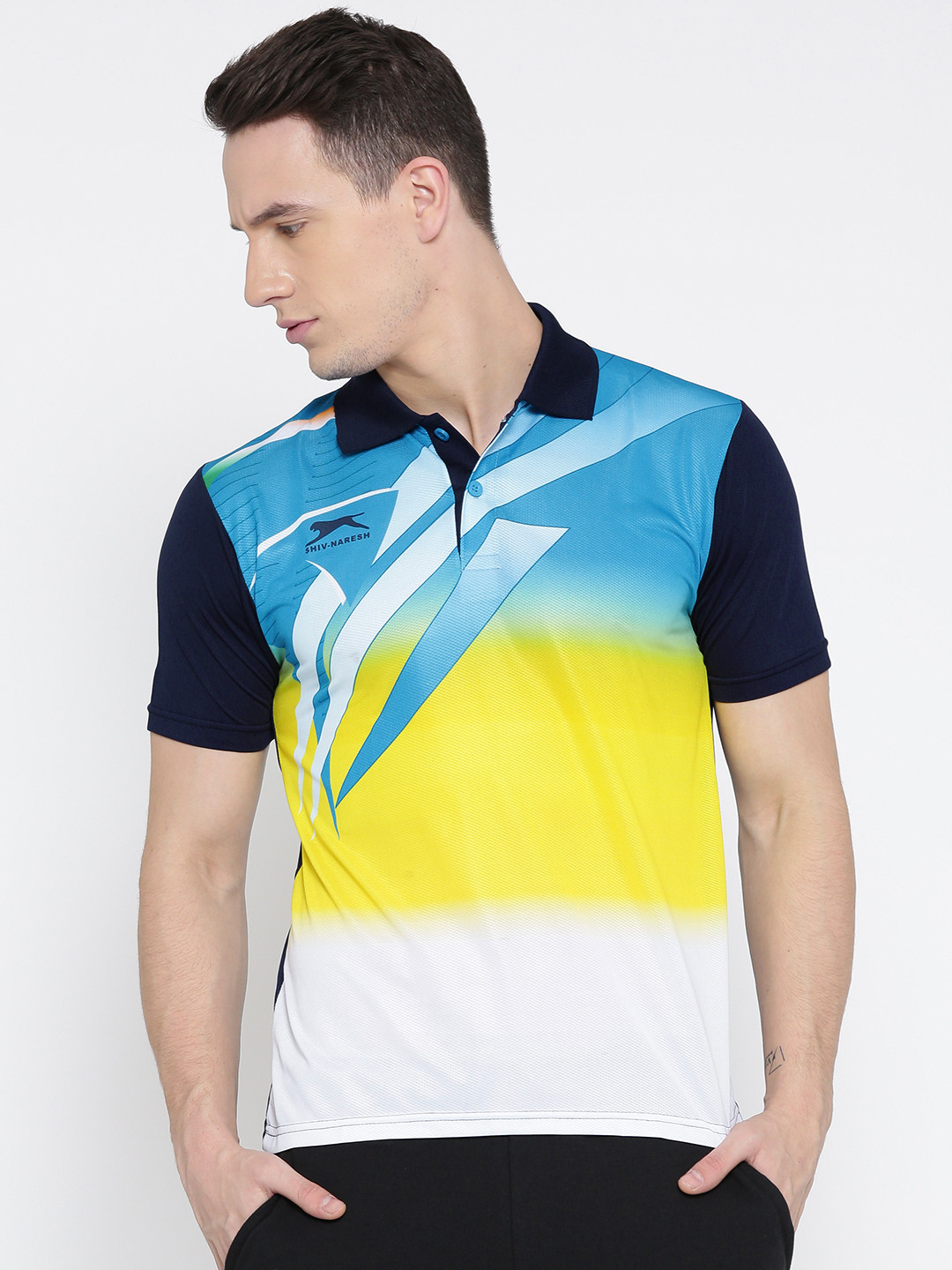 Shiv Naresh Men Blue Printed Dyed Polo Collar T-shirt