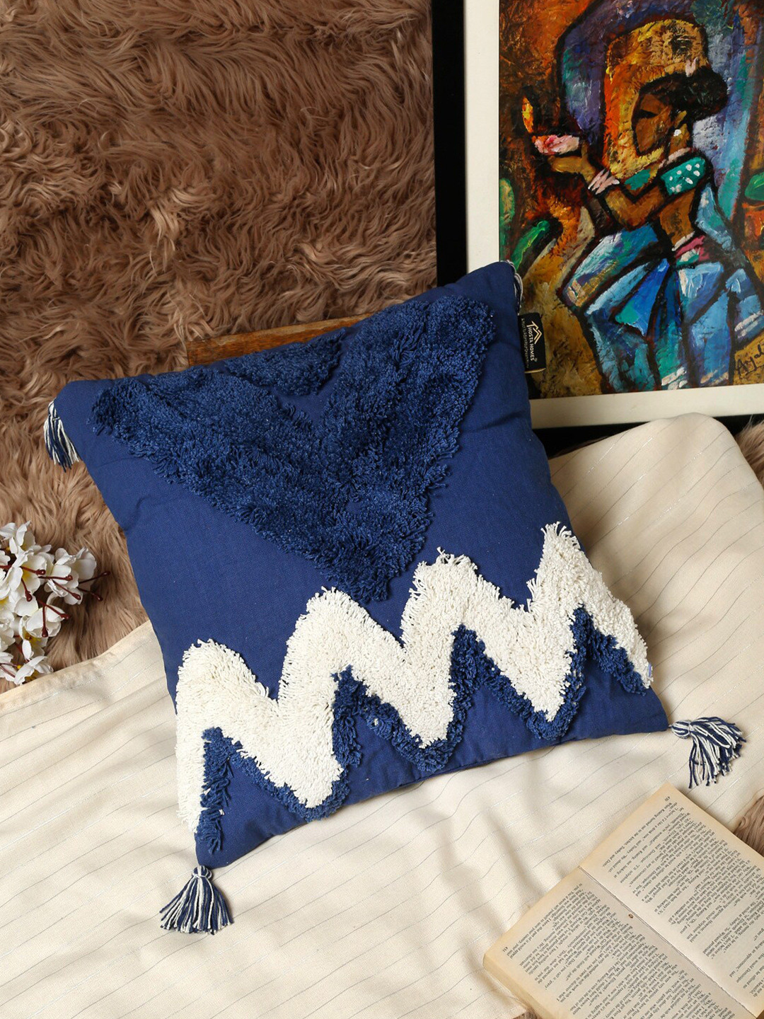 HOSTA HOMES Tufted Blue Chevron Cotton Breathable Square Cushion Cover -16x16In