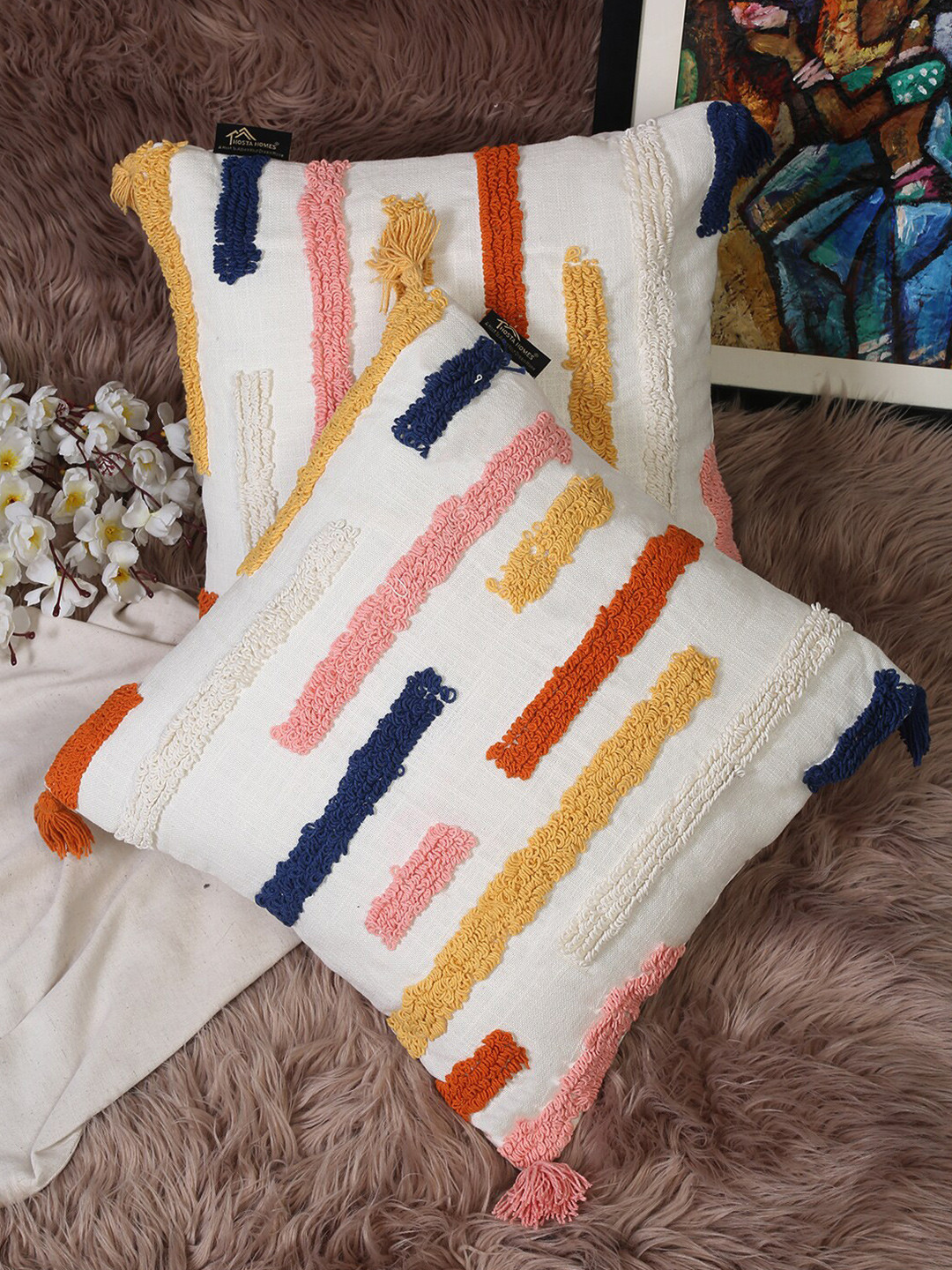 HOSTA HOMES White & Pink Set of 2 Square Cushion Covers