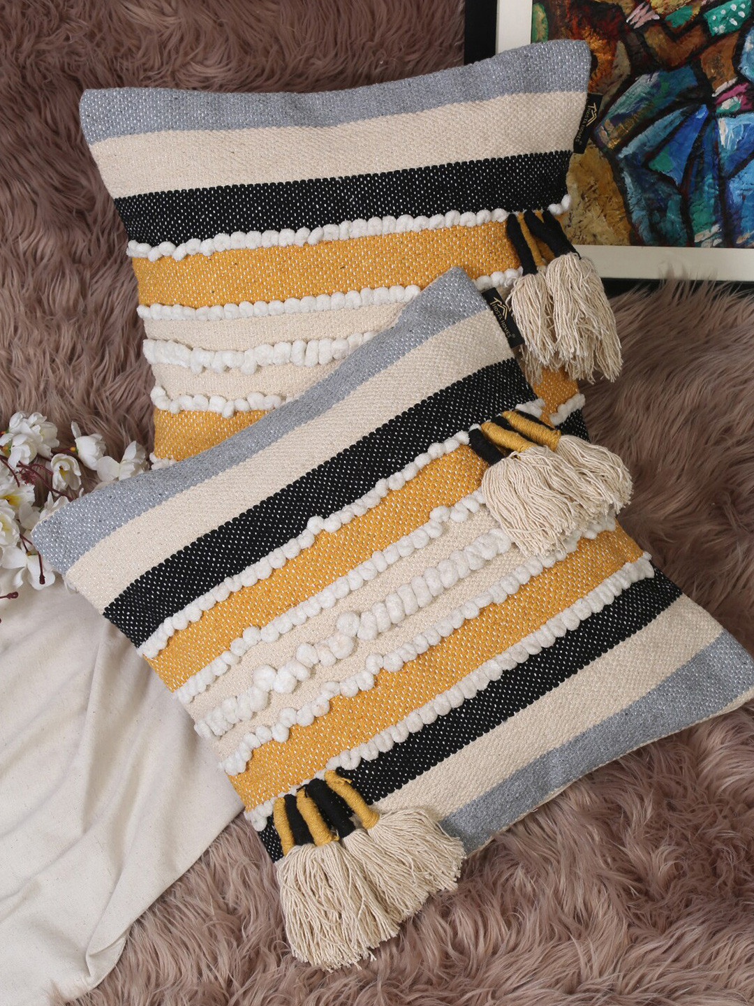 HOSTA HOMES Yellow Colourblocked Cotton 2 Piece Embroidered Square Cushion Covers -16x16In