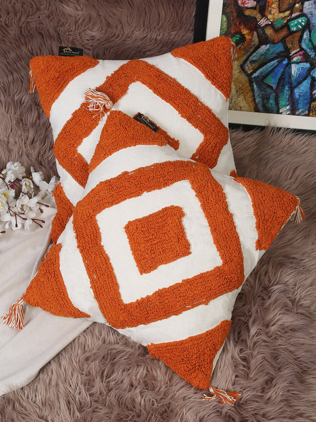 HOSTA HOMES Set Of 2 White Pure Cotton Tasseled Embroidered Square Cushion Covers