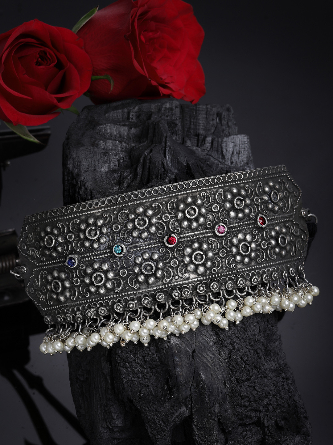 PANASH Silver-Toned & White German Silver Oxidised Choker Necklace