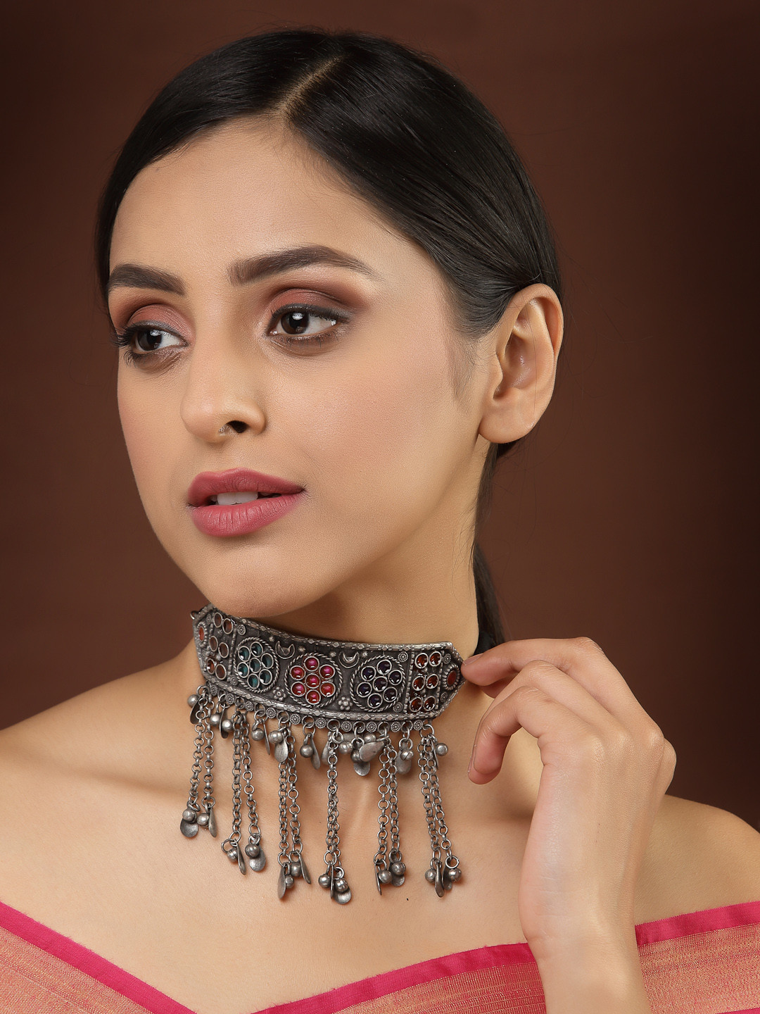 PANASH Silver-Toned & Red German Silver Oxidised Necklace