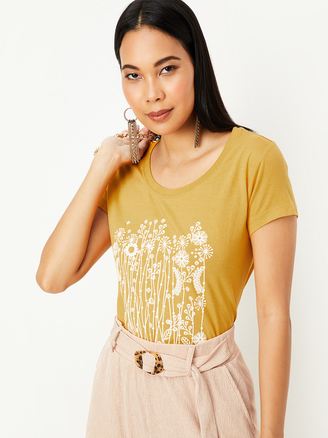 max Women Mustard Yellow Floral Printed Cotton T-shirt