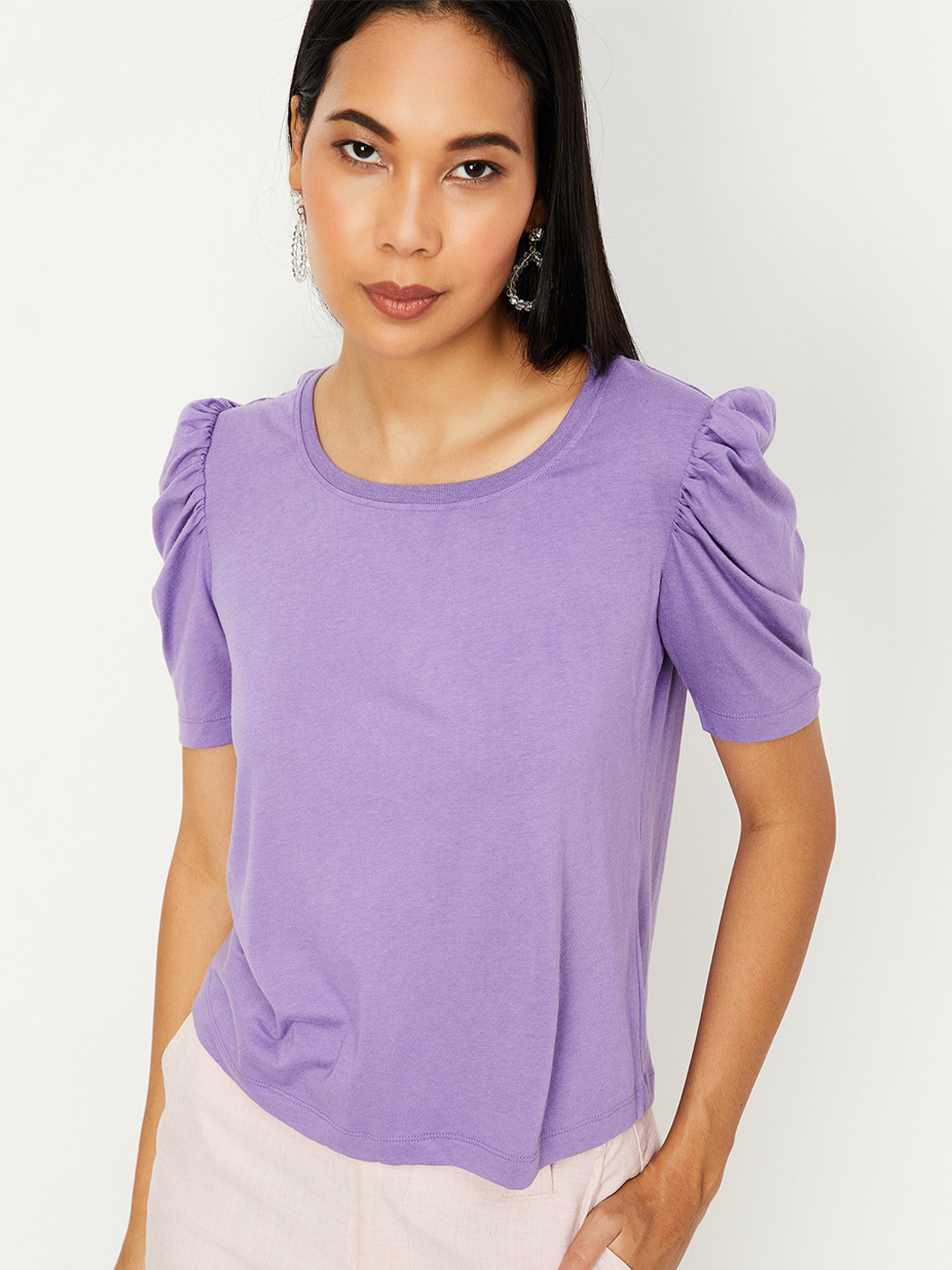 max Women Violet Puff Sleeves T-shirt
