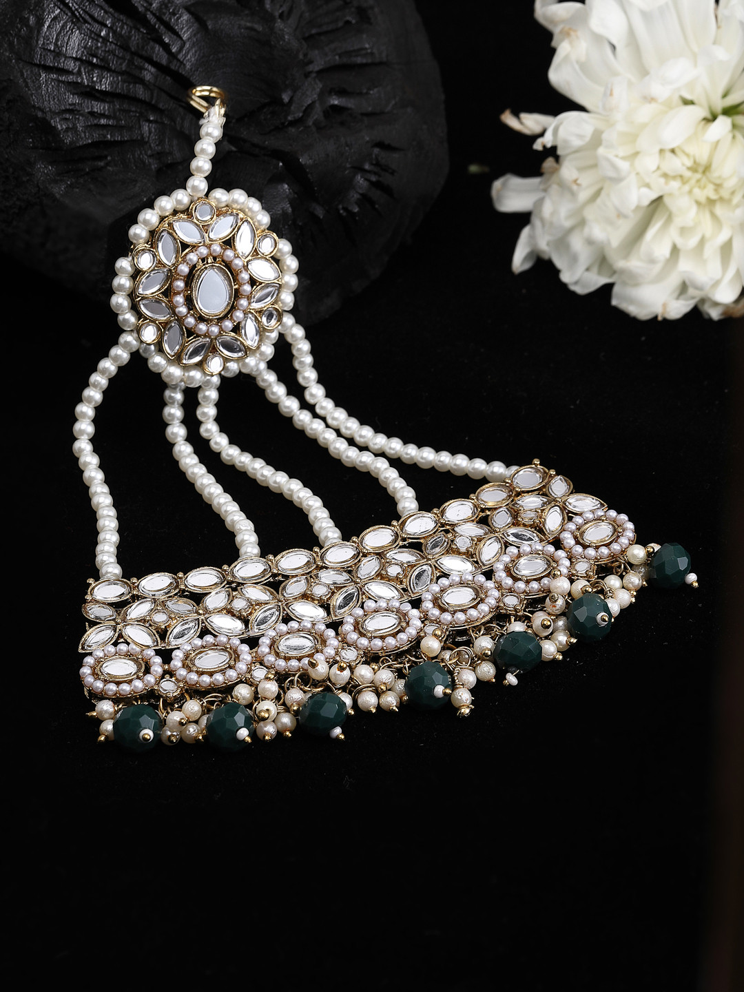 PANASH Gold-Plated White & Green Mirror Work & Pearls Beaded Jhumar Passa