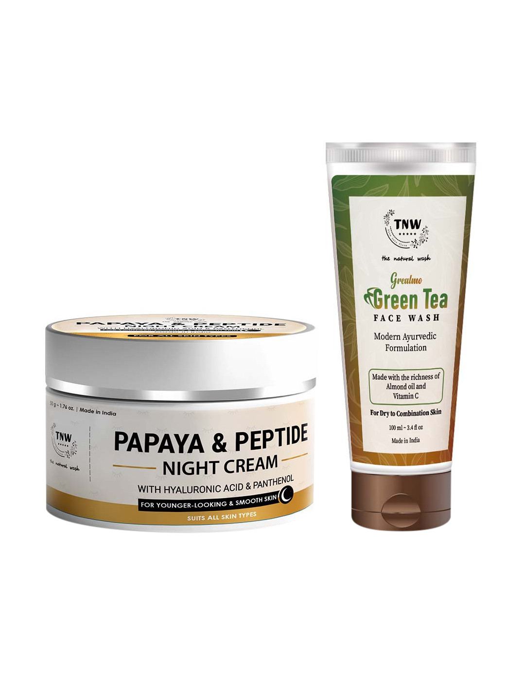 TNW the natural wash Set of Green Tea Face Wash 100ml & Papaya & Peptide Night Cream 50g