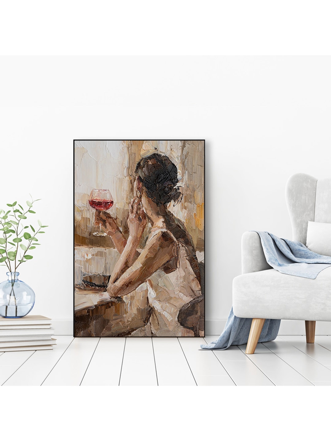 WALLMANTRA Beige Lady With A Wine Glass Framed Canvas Wall Painting
