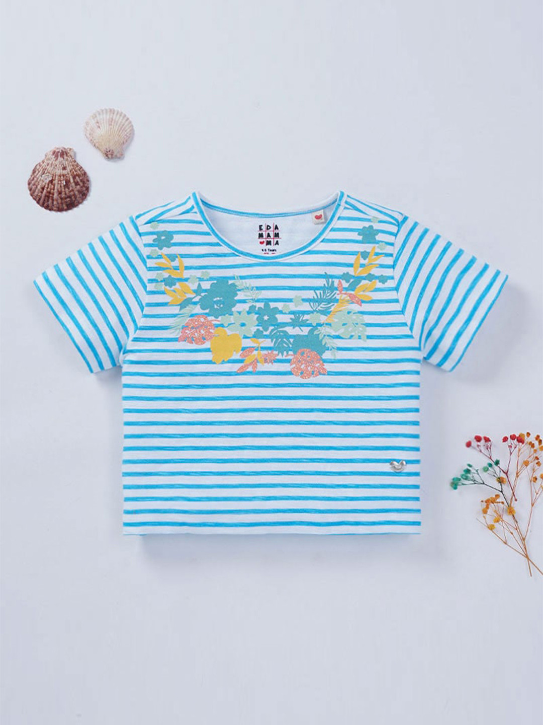 Ed-a-Mamma Girls Blue & White Floral & Striped Cotton T-shirt