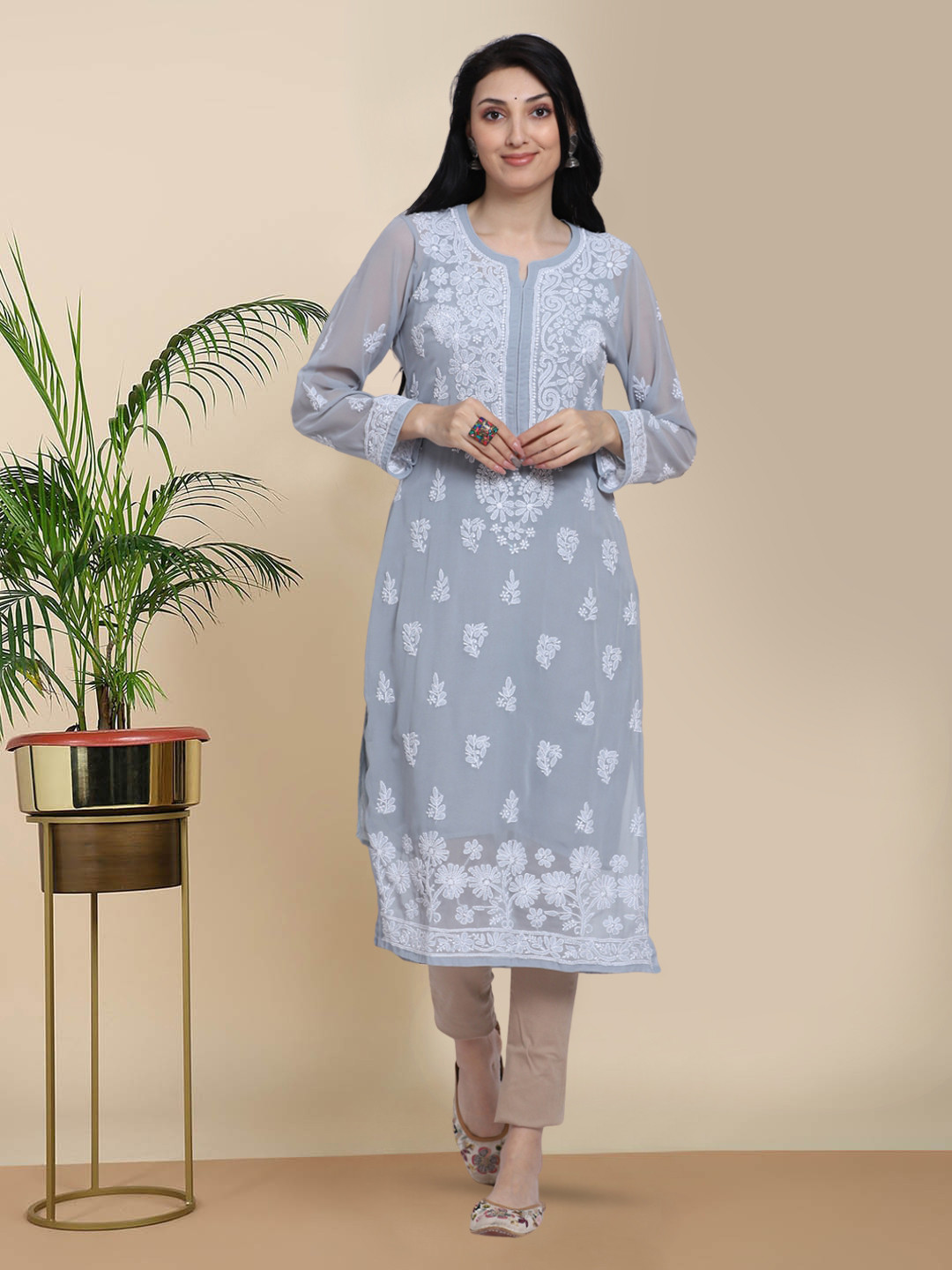 PARAMOUNT CHIKAN Women Grey Ethnic Motifs Hand Embroidered Chikankari Georgette Kurta