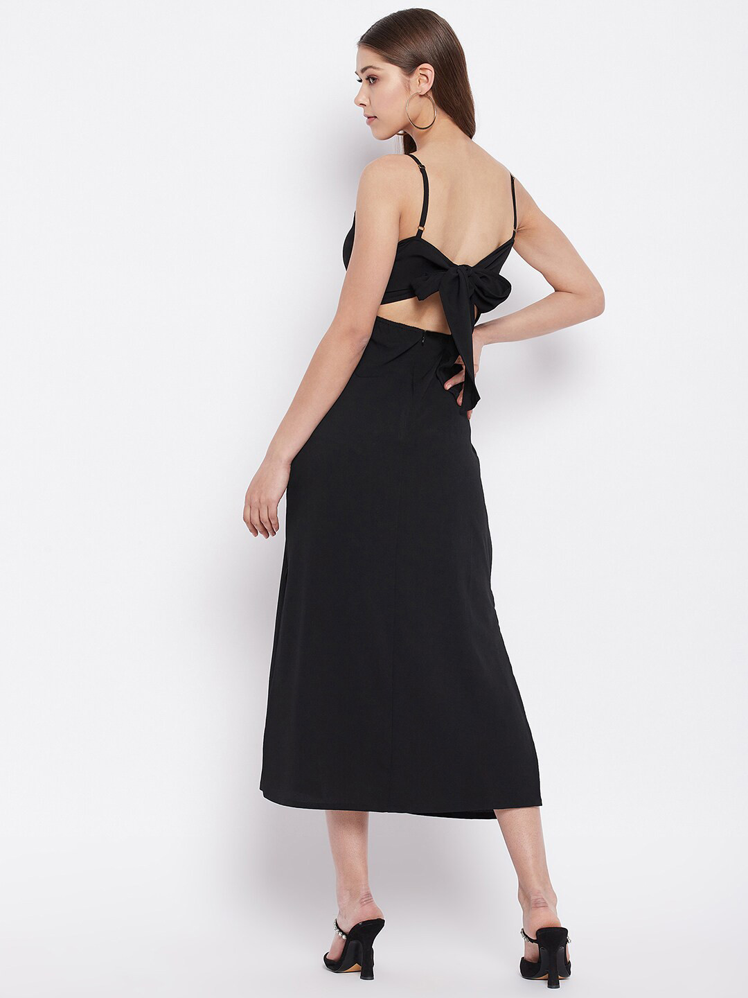 WineRed Black Crepe A-Line Midi Dress