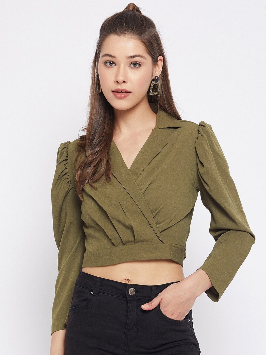 WineRed Olive Green Lapel Collar Wrap Tie Back Crop Top
