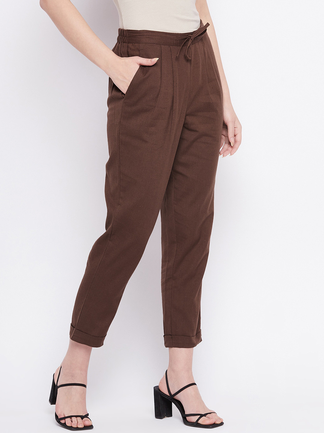 WineRed Women Brown Pleated Cotton Trousers