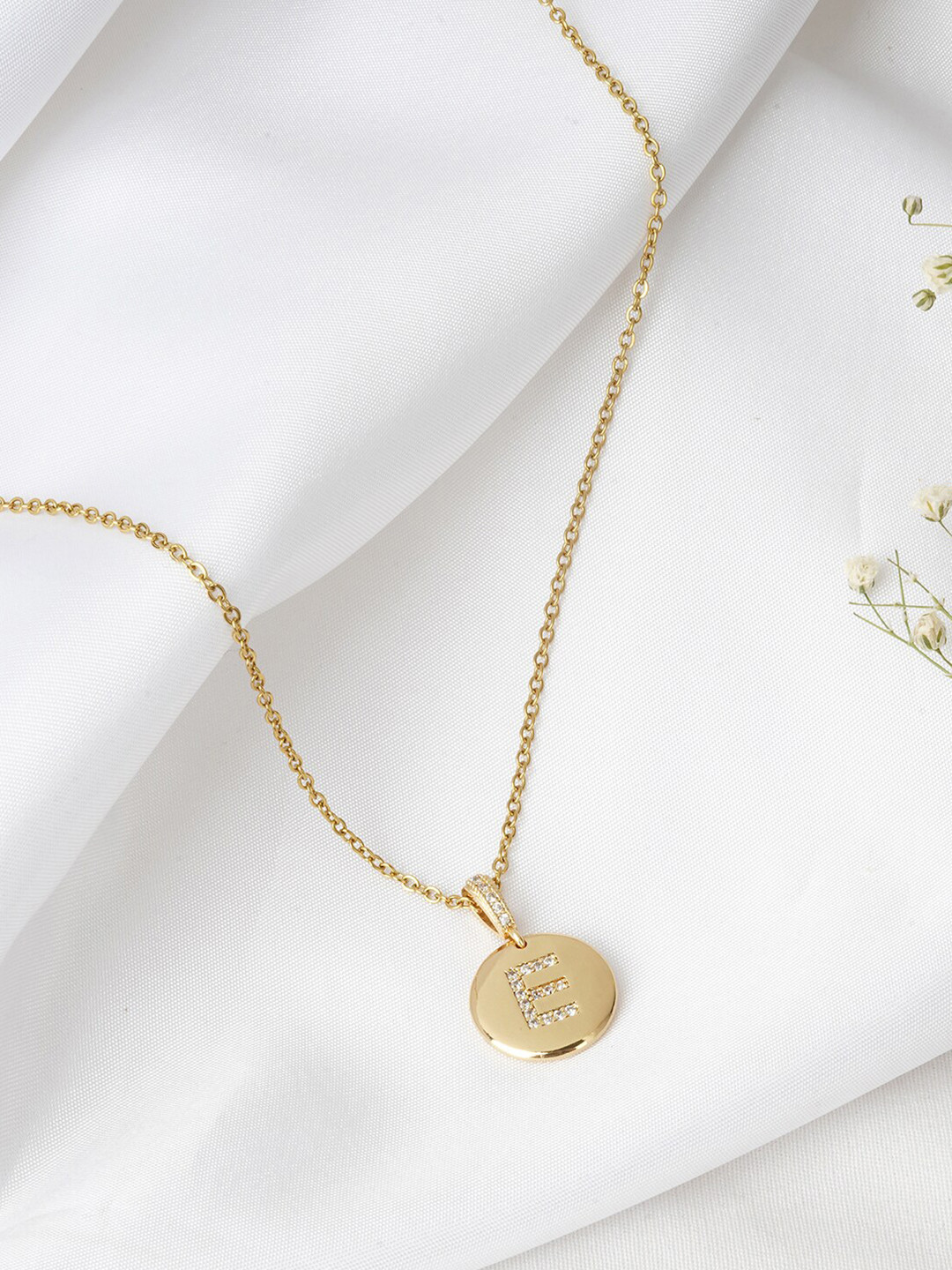 JOKER & WITCH Gold-Toned Rhinestone Studded Alphabet E Pendant with Chain