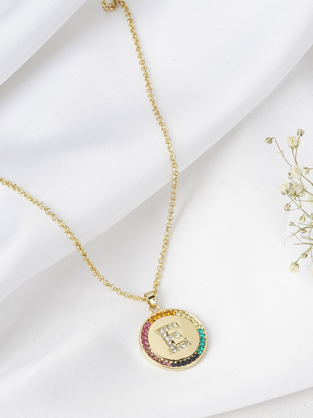 JOKER & WITCH Gold-Toned Rhinestone Studded Alphabet E Pendant with Chain