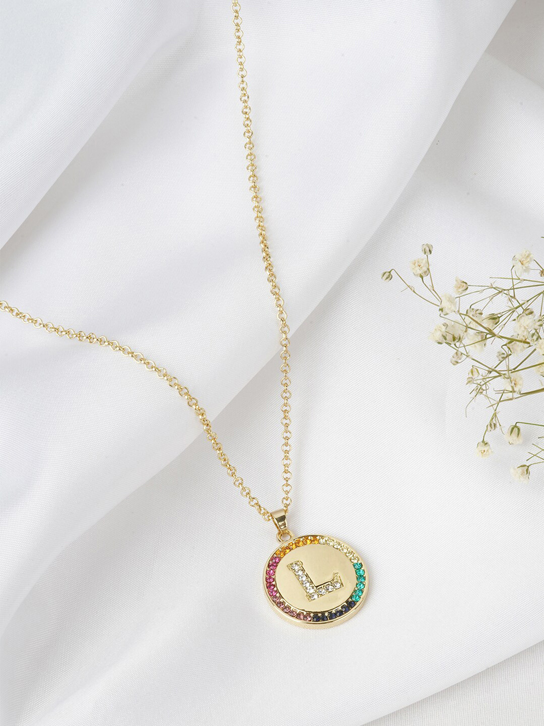 JOKER & WITCH Women Pink & Gold-Toned Alphabet L Rhinestone Necklace