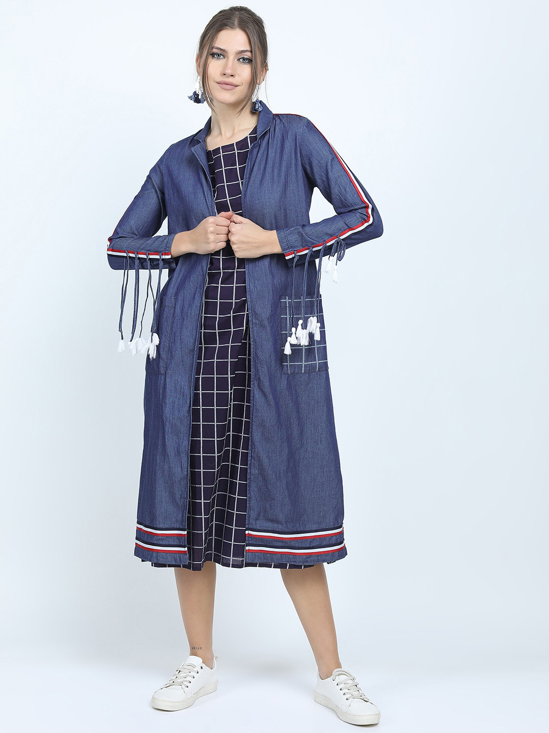 Vishudh Blue Checked Midi Dress with Jacket