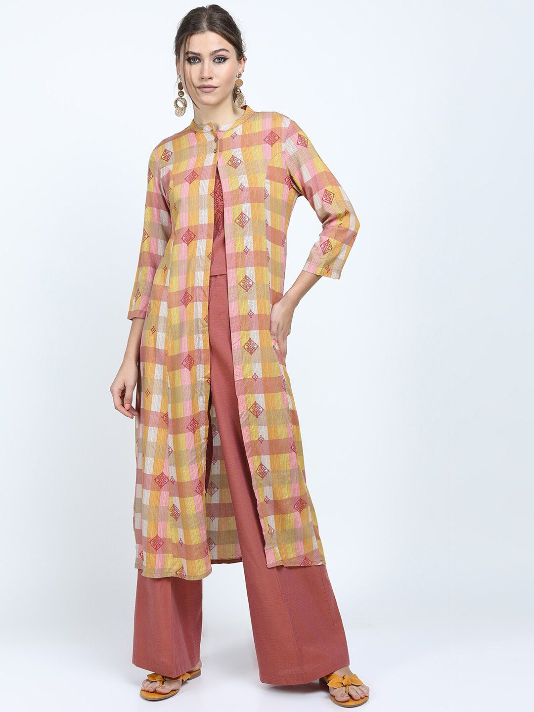Vishudh Women Orange Solid Top with Trouser and Jacket