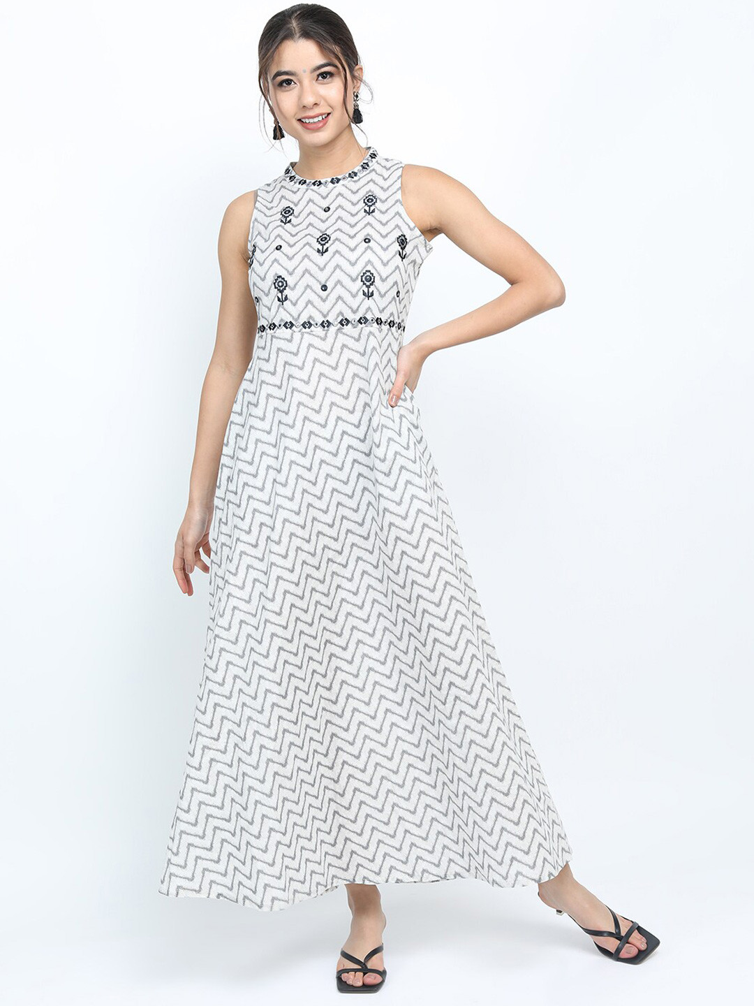 Vishudh White Floral Embroidered A-Line Maxi Dress