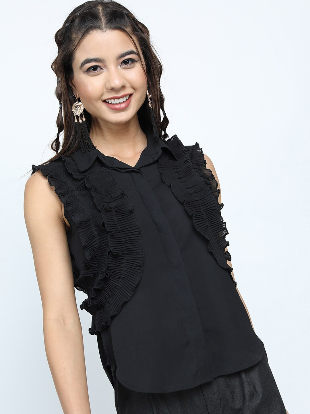 Tokyo Talkies Women Black Ruffles Shirt Style Top