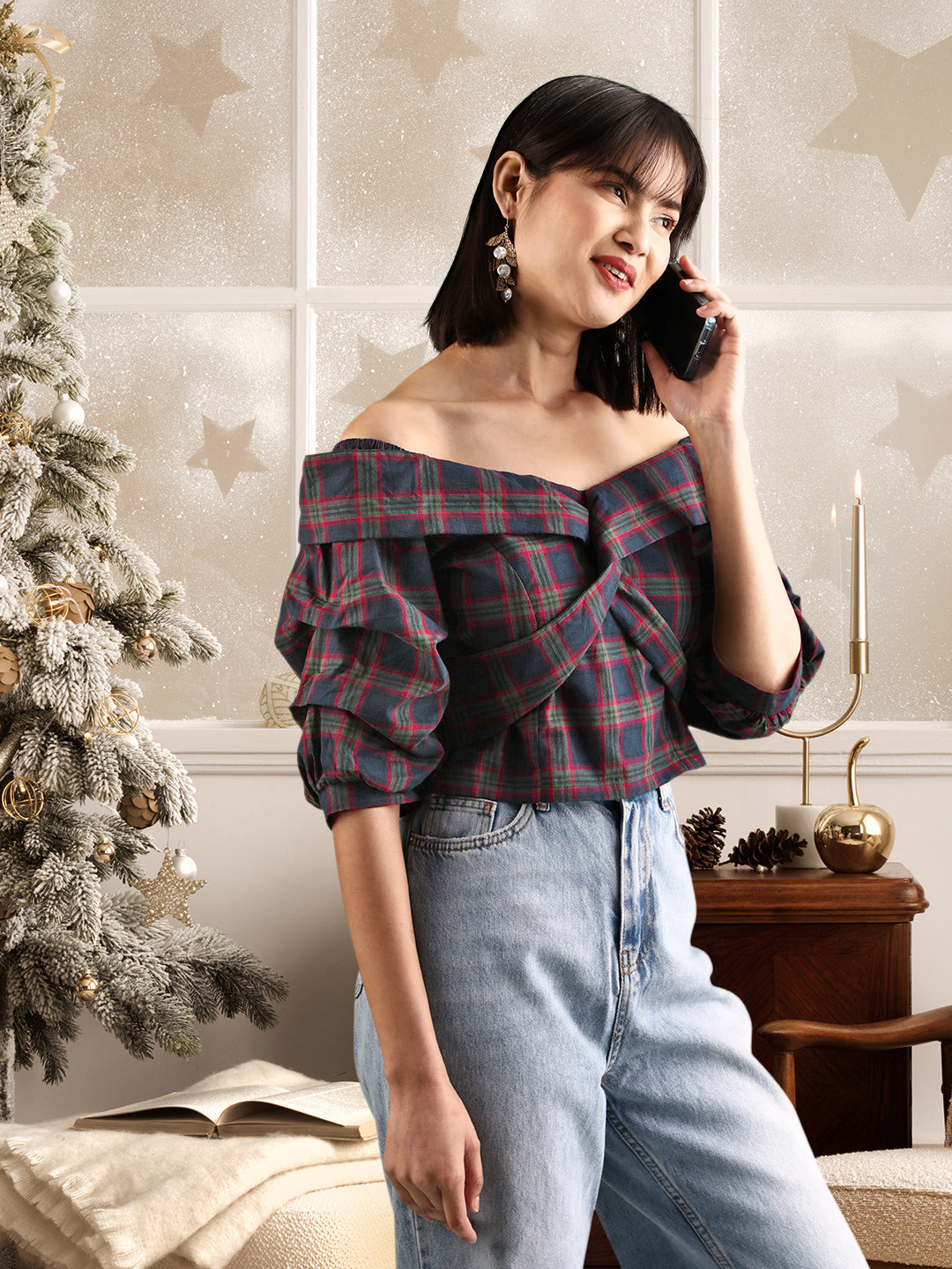 Tokyo Talkies Navy Blue & Red Checked Off-Shoulder Bardot Crop Top