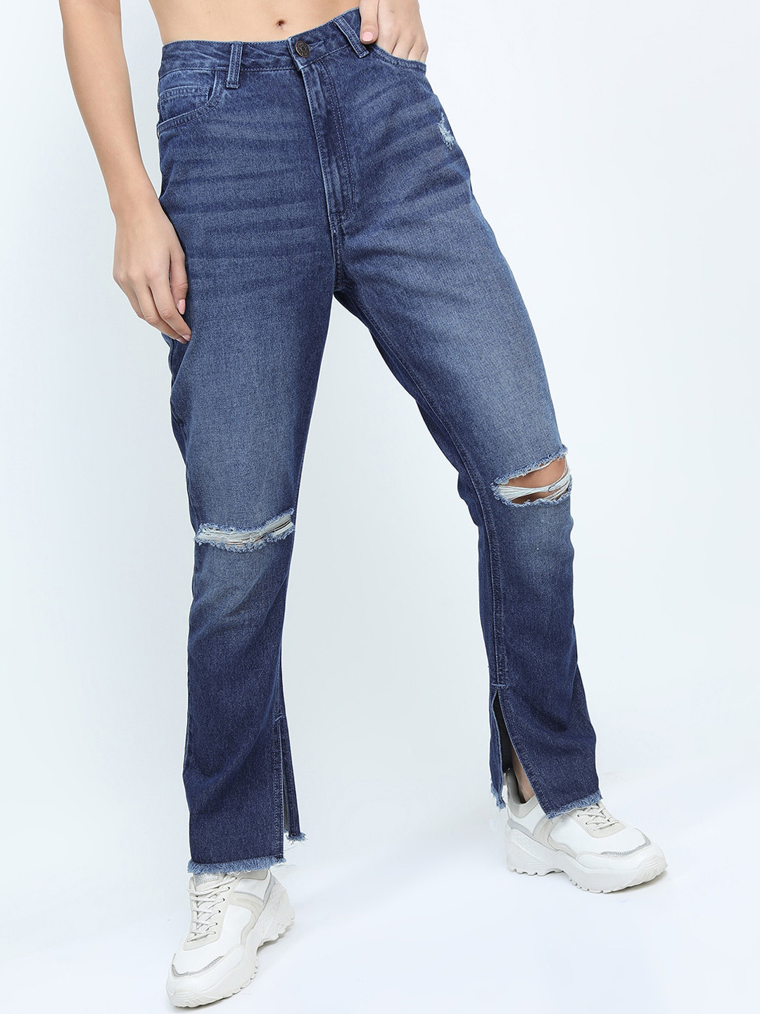 Tokyo Talkies Women Blue Flared Slash Knee Light Fade Jeans