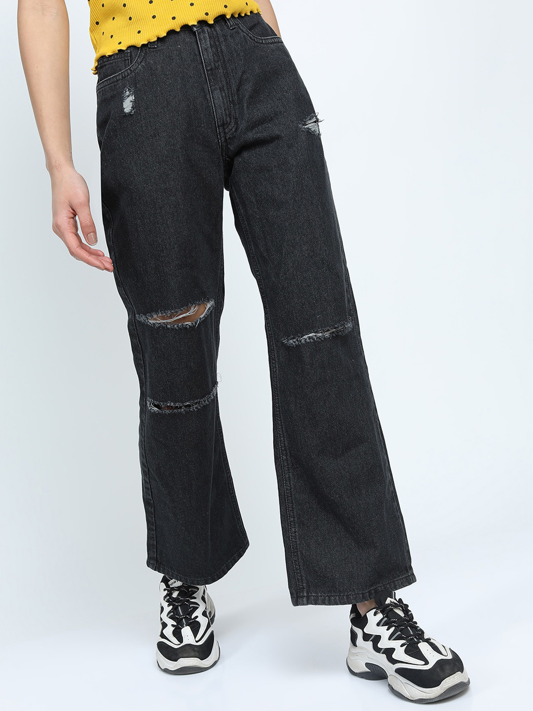 Tokyo Talkies Women Black Straight Fit Slash Knee Jeans