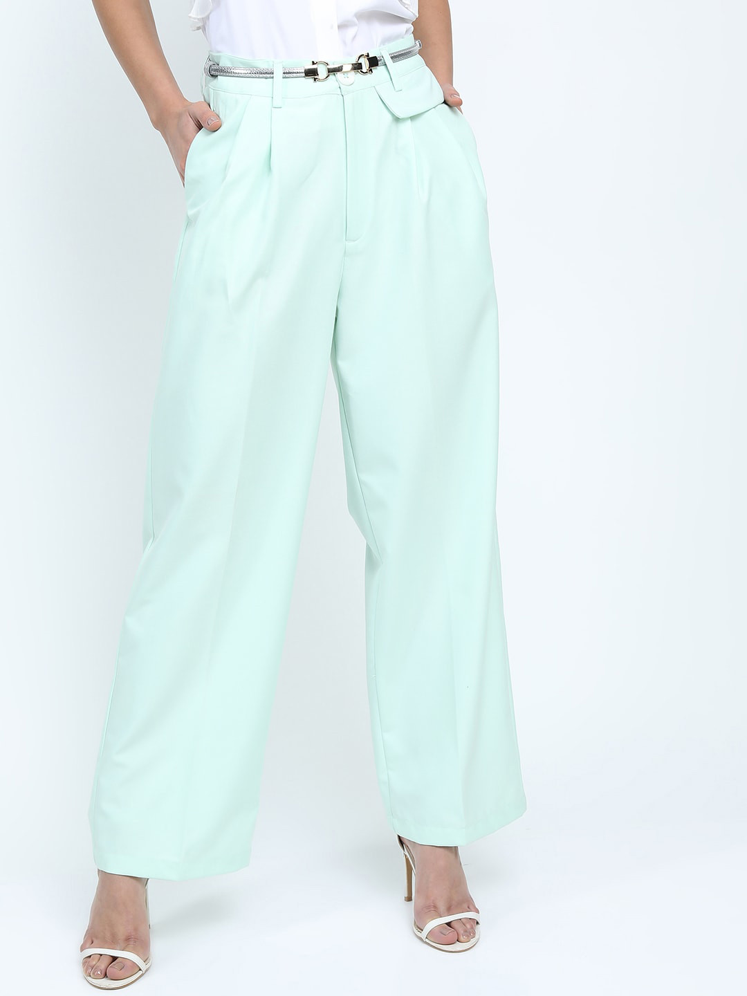 Tokyo Talkies Women Mint Green Pleated Parallel Trousers