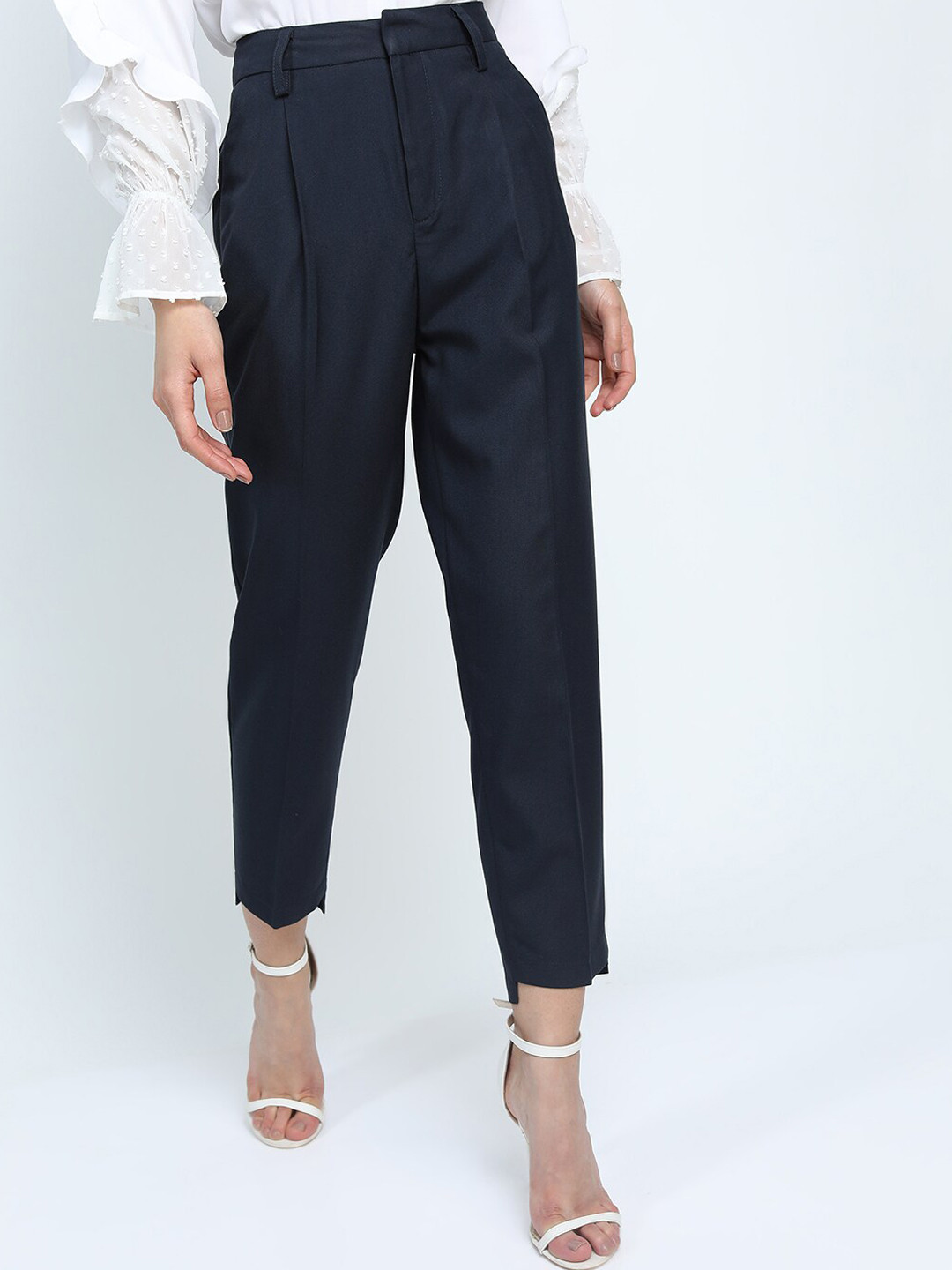 CHIC BY TOKYO TALKIES Women Navy Blue Tapered Fit Pleated Trousers
