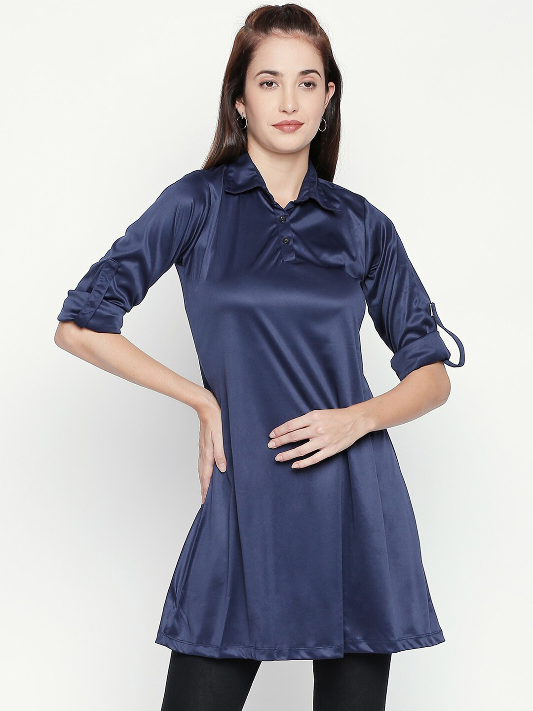 aaliya Blue Roll-Up Sleeves Satin Longline Top