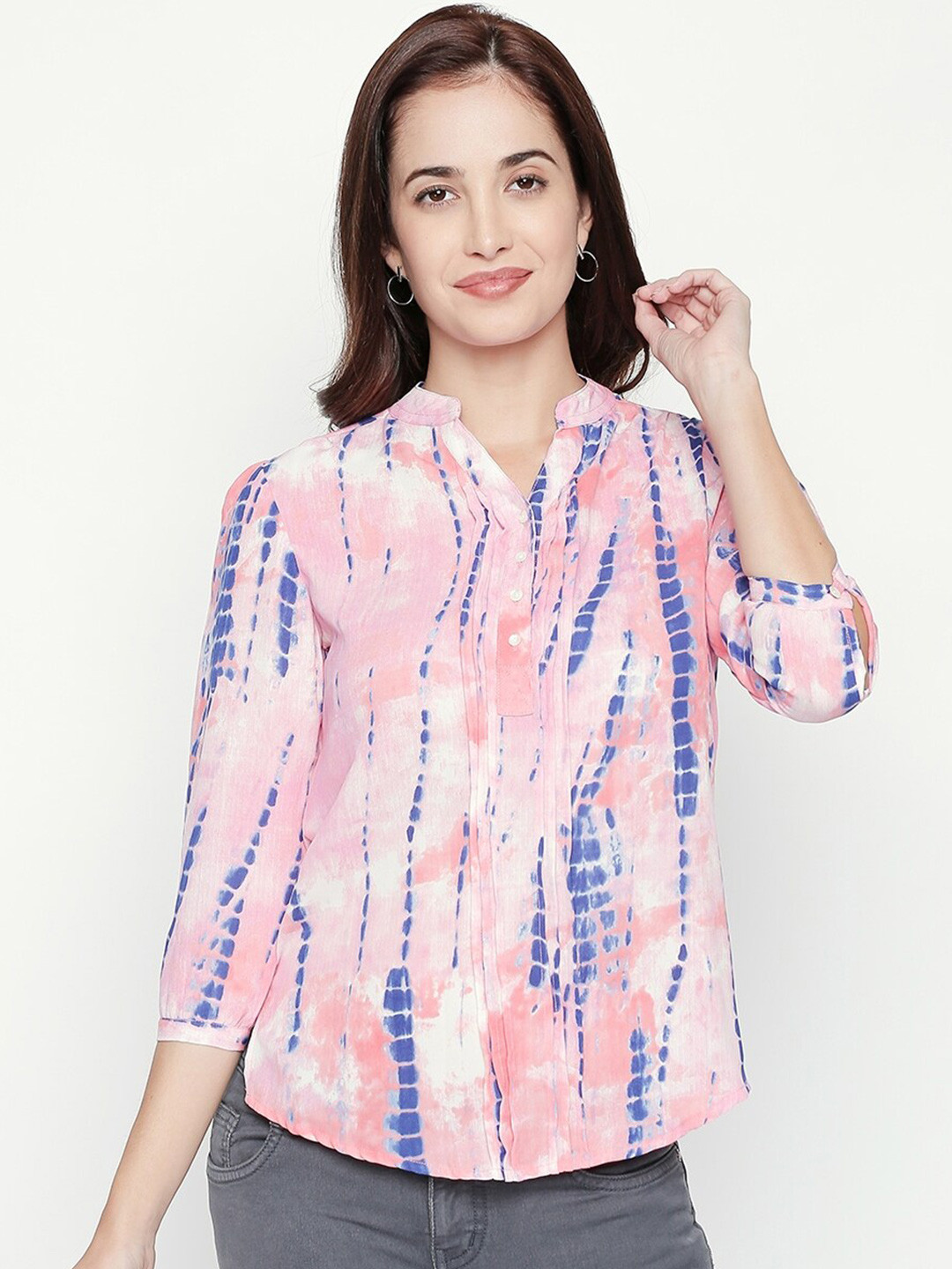 aaliya Pink Tie and Dye Mandarin Collar Crepe Shirt Style Top