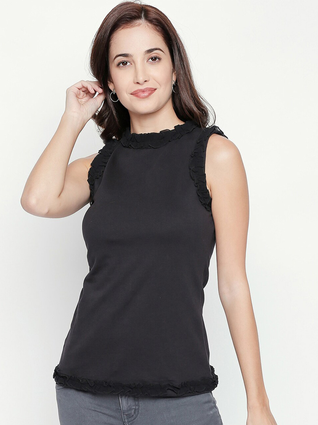 aaliya Black Ruffles Scuba Top