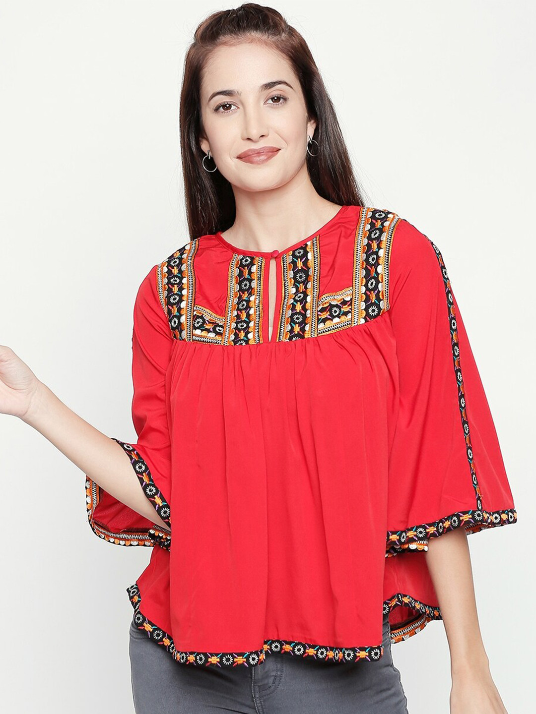aaliya Red & Black Embroidered Keyhole Neck Crepe Top