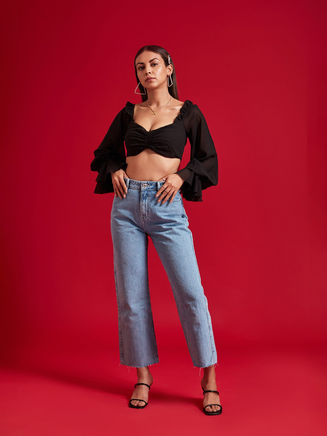 THE CLOTHING FACTORY Black Balloon Sheer Sleeves Georgette Crop Top