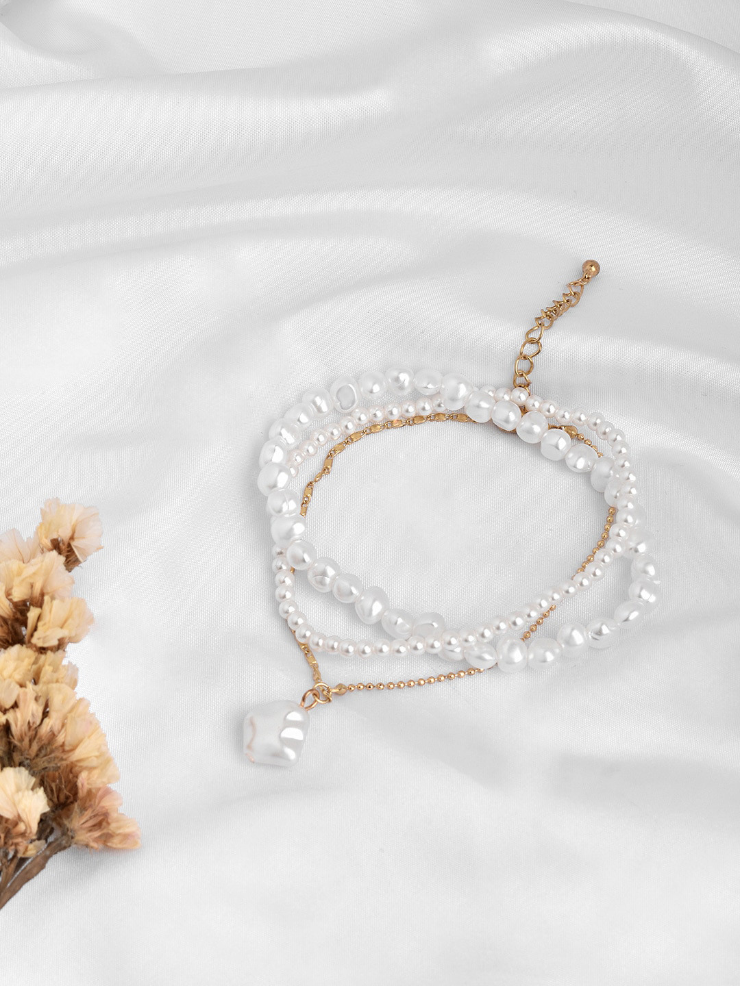 JOKER & WITCH Women Set Of 3 Gold-Toned & White Pearl Beaded Layered Anklet