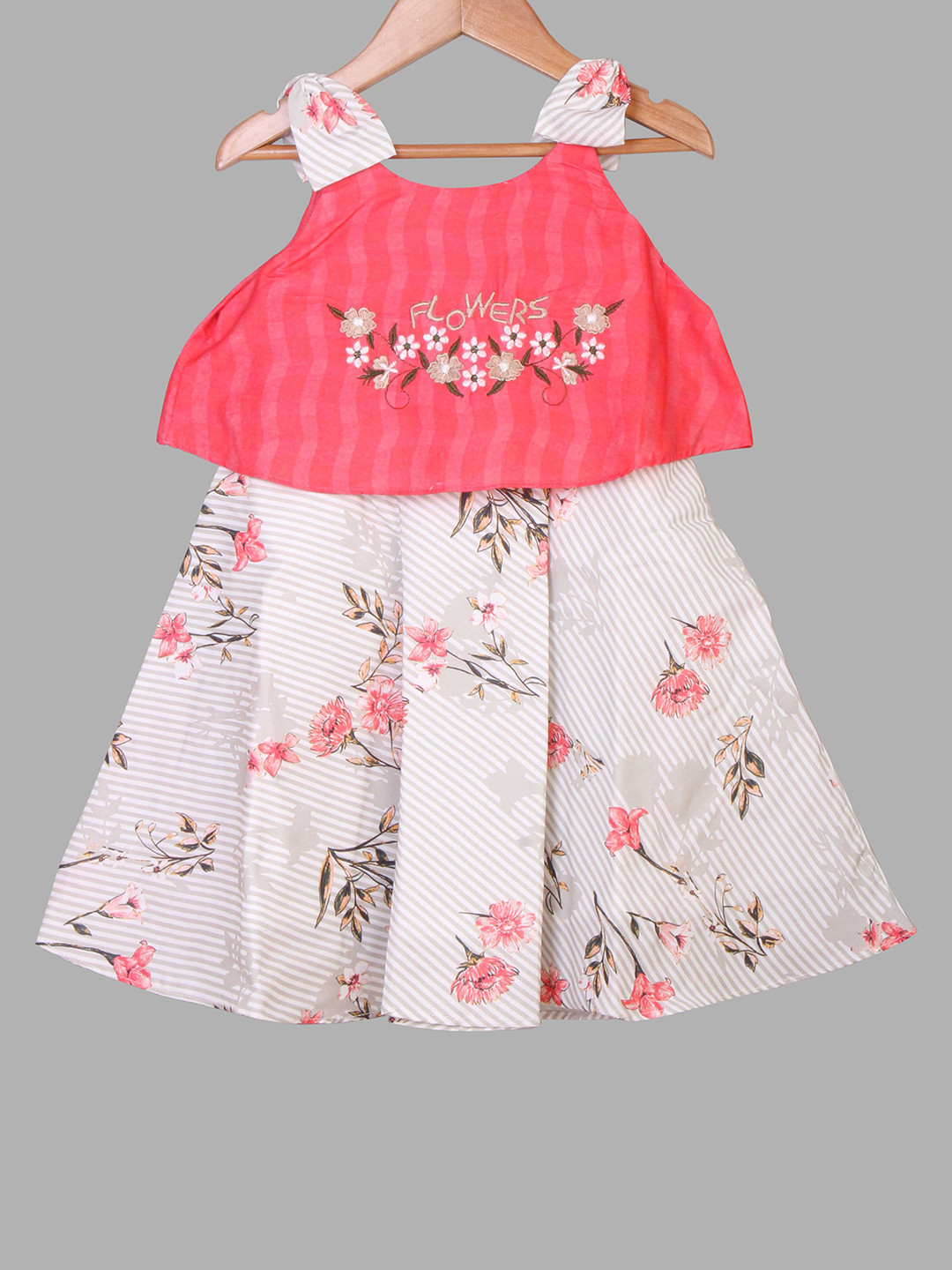 Enfance Girls Cream-Coloured & Pink Floral Cotton A-Line Dress