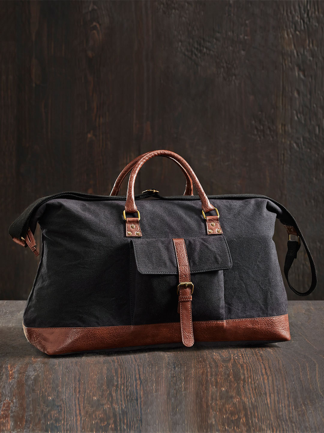 Mona B Unisex Black & Brown Solid Large Upcycled Canvas Duffel Bag