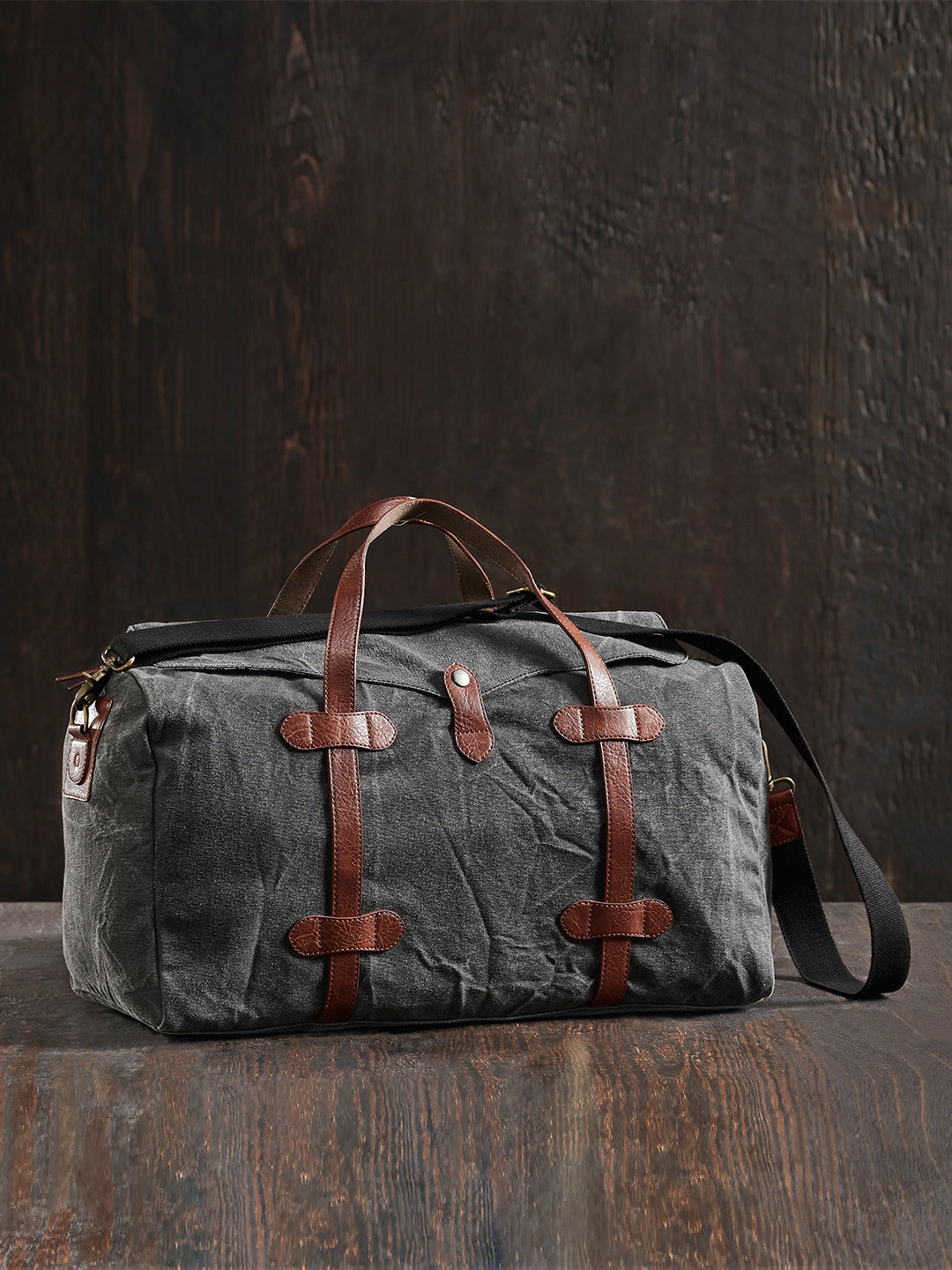 Mona B Black & Brown Solid Upcycled Canvas Large Duffel Bag